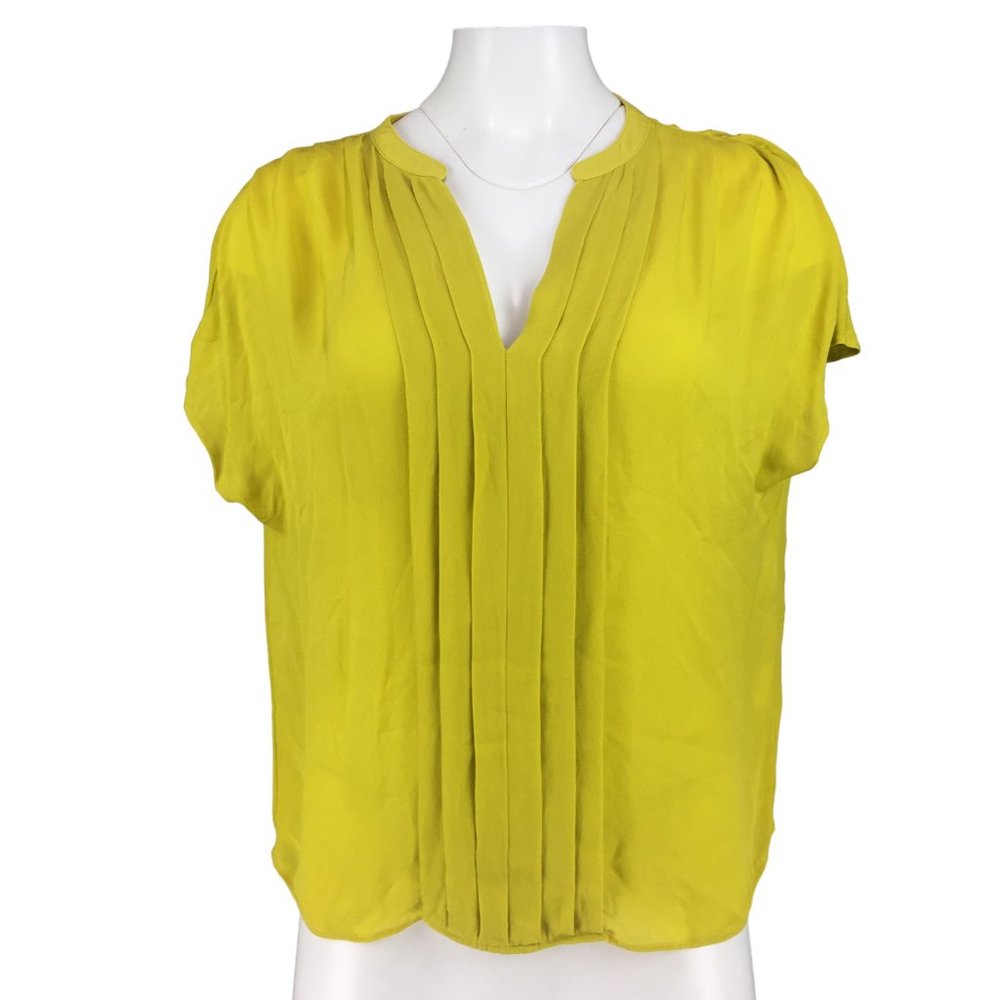 La Fee Verte  Blouse Silk V Neck Pleated Short Sleeve Green Yellow Womens M